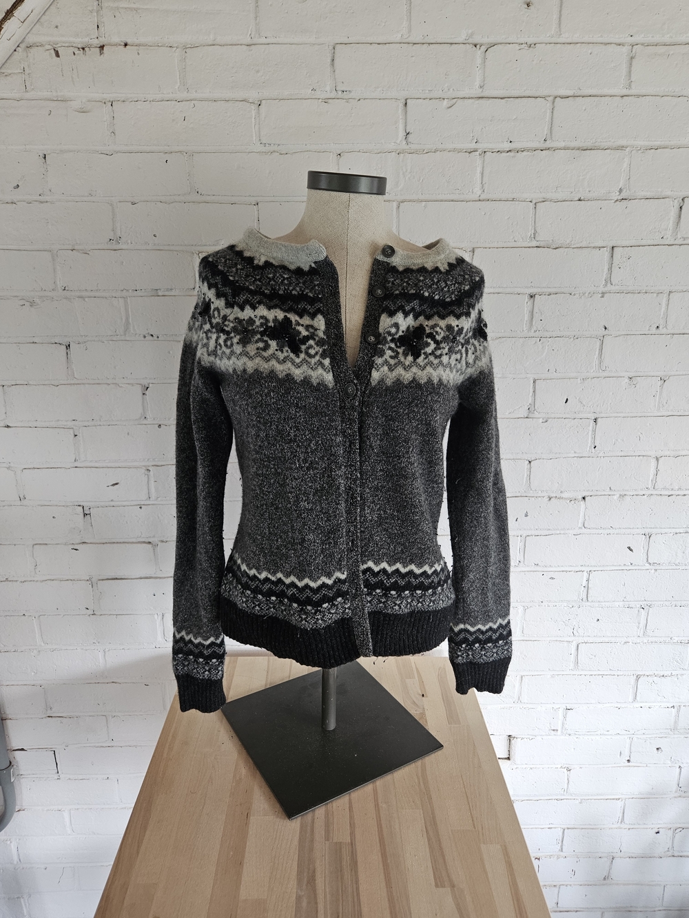 Eddie Bauer Lambswool Fair Isle Cardigan in Charcoal Gray